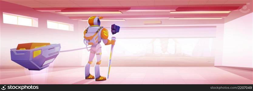 Astronaut in hangar on alien planet surface with drilling rig. Vector cartoon fantasy illustration of cosmos investigation with garage interior with cosmonaut in suit and derrick with auger outside. Astronaut in hangar and drilling rig outside