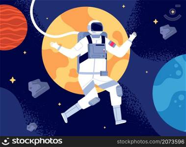 Astronaut in outer space. Spacewalk, astronauts fantastic journey. Cosmonaut in space suit, colorful discovery in utter universe vector concept. Illustration astronaut space walk outer. Astronaut in outer space. Spacewalk, astronauts fantastic journey. Cosmonaut in space suit, colorful discovery in utter universe vector concept