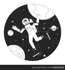 Astronaut in space bw concept vector spot illustration. Man in space suit among planets 2D cartoon flat line monochromatic character for web UI design. Editable isolated outline hero image. Astronaut in space bw concept vector spot illustration