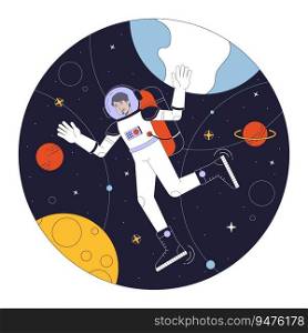 Astronaut in space flat line concept vector spot illustration. Man in space suit among planets 2D cartoon outline character on white for web UI design. Editable isolated color hero image. Astronaut in space flat line concept vector spot illustration