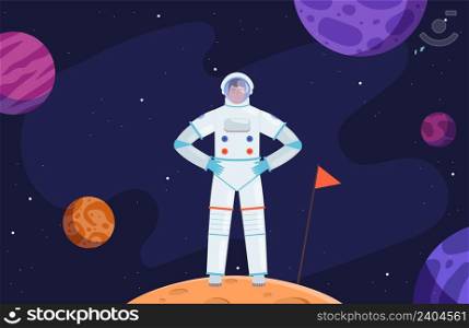 Astronaut in space. Red planet colonization, cartoon cosmonaut in universe vector illustration. Colonization and exploration in universe. Astronaut in space. Red planet colonization, cartoon cosmonaut in universe vector illustration