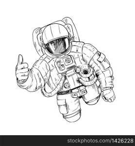 Astronaut in space suit with one hand, OK gesture, black sketch on white background. Hand drawn vector illustration.