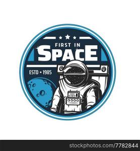 Astronaut in space vector icon. Planets and stars of galaxy universe, Moon and spaceman with spacesuit and helmet. Astronomy science, cosmos travel and space adventure isolated round icon. Astronaut in space icon. Planets, stars, spaceman