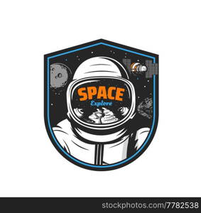 Astronaut in space with galaxy universe planet, stars, asteroid and satellite. Vector paceman in spacesuit and helmet with Moon. Isolated icon of space travel, adventure and exploration. Astronaut in space, planet, stars, satellite