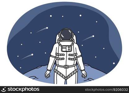 Astronaut in spacesuit explore planet in universe look in space full of stars. Cosmonaut or spaceman stand on surface of moon, have mission in open cosmos. Flat vector illustration.. Cosmonaut stand on surface explore universe