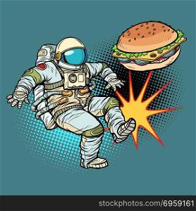 Astronaut kicks Burger fast food, proper nutrition. Astronaut kicks Burger fast food, proper nutrition. Pop art retro vector illustration cartoon comics kitsch drawing. Astronaut kicks Burger fast food, proper nutrition