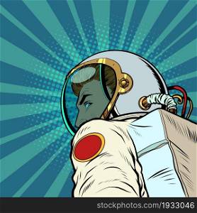 Astronaut man follow me, leads forward into the future. Pop Art Retro Vector Illustration Kitsch Vintage 50s 60s Style. Astronaut man follow me, leads forward into the future