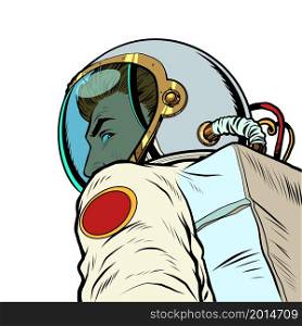 Astronaut man follow me, leads forward into the future. Pop Art Retro Vector Illustration Kitsch Vintage 50s 60s Style. Astronaut man follow me, leads forward into the future