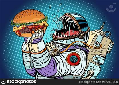 Astronaut monster eats burger. Greed and hunger of mankind concept. Pop art retro vector illustration vintage kitsch. Astronaut monster eats burger. Greed and hunger of mankind conce