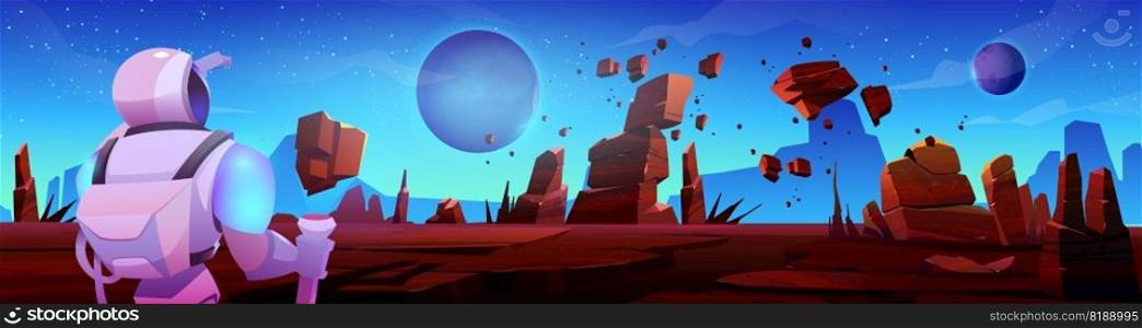 Astronaut on alien planet cartoon background. Cosmonaut in space suit and helmet explore futuristic fantasy universe landscape. Science man on mars desert ground mission game search human scene.. Astronaut in space on alien planet background