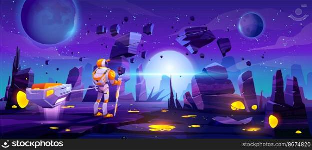 Astronaut on alien planet in far galaxy. Cosmonaut in suit and helmet holding staff and pull anti-gravity truck with glowing artefact. Spaceman stranger explore outer space cartoon vector illustration. Astronaut on alien explore planet in far galaxy