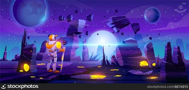 Astronaut on alien planet in far galaxy. Cosmonaut in suit and helmet explore outer space. Vector cartoon illustration of spaceman, cosmos and planet surface with rocks, cracks and glowing spots. Astronaut on alien planet in far galaxy