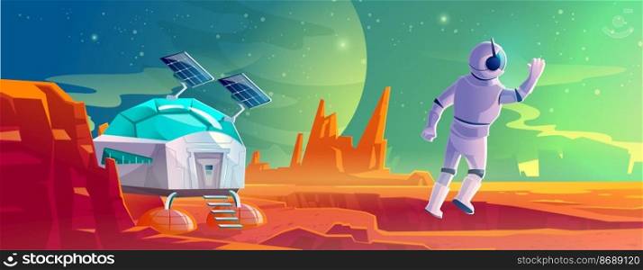 Astronaut on alien planet landscape with scientific laboratory. Cosmonaut in suit and helmet in far galaxy explore outer space. Spaceman on station, cosmos colonization. Cartoon vector illustration. Astronaut on alien planet landscape, colonization