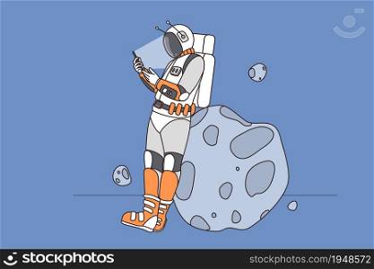 Astronaut on asteroid use modern smartphone browse wireless internet in open space. Spaceman in costume on moon text message on cellphone gadget. Technology. Flat vector illustration.. Astronaut on moon use cellphone texting online
