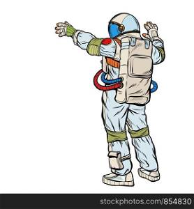 astronaut opened his hands. Pop art retro vector stock illustration drawing. astronaut opened his hands