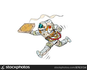 Astronaut pizza delivery. Space courier. street food, italian restaurant. Pop Art Retro Vector Illustration Kitsch Vintage 50s 60s Style. Astronaut pizza delivery. Space courier. street food, italian restaurant