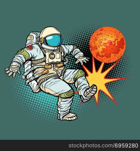 Astronaut playing football Mars. Astronaut playing football Mars. Pop art retro vector illustration cartoon comics kitsch drawing. Astronaut playing football Mars