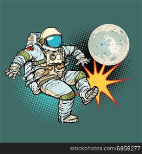 Astronaut plays football with the Moon. Astronaut plays football with the Moon. Pop art retro vector illustration cartoon comics kitsch drawing. Astronaut plays football with the Moon