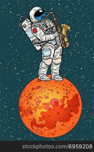 astronaut plays saxophone on Mars. astronaut plays saxophone on Mars. Pop art retro vector illustration comic cartoon kitsch drawing. astronaut plays saxophone on Mars