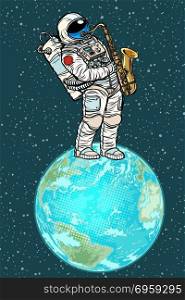 Astronaut plays saxophone on planet earth. Astronaut plays saxophone on planet earth. Pop art retro vector illustration comic cartoon kitsch drawing. Astronaut plays saxophone on planet earth