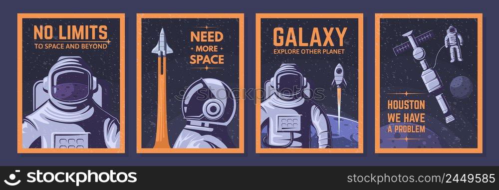 Astronaut posters. Space explorer, cosmos adventures and open space vector illustration set. Astronaut adventure poster, shuttle in galaxy. Astronaut posters. Space explorer, cosmos adventures and open space vector illustration set