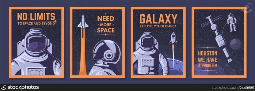 Astronaut posters. Space explorer, cosmos adventures and open space vector illustration set. Astronaut adventure poster, shuttle in galaxy. Astronaut posters. Space explorer, cosmos adventures and open space vector illustration set