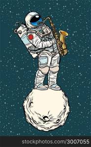 astronaut saxophonist plays jazz in space, saxophone musical instrument. Pop art retro vector illustration hand drawn comic cartoon. astronaut saxophonist plays jazz in space, saxophone musical ins
