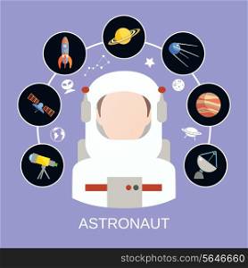 Astronaut silhouette avatar in helmet and space travel icons set vector illustration