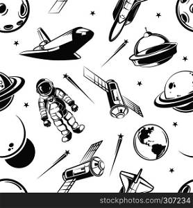 Astronaut space traveling vector seamless pattern in vintage style. Astronaut and space ship seamless pattern, illustration of astronomy planet and cosmonaut with rocket spaceship. Astronaut space traveling vector seamless pattern in vintage style