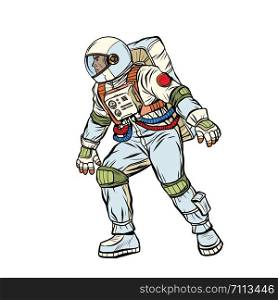 astronaut step forward. space exploration. Pop art retro vector stock illustration drawing. astronaut step forward. space exploration