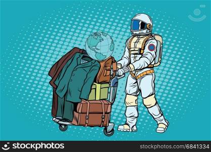 Astronaut traveler with baggage cart. Pop art retro vector illustration. Astronaut traveler with baggage cart