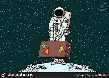 Astronaut traveler with travel suitcase. Refugees and migration. Ecology and problems of the Earth. Pop art retro vector illustration. Astronaut traveler with travel suitcase