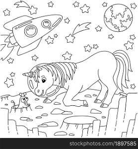 Astronaut unicorn meets a cute alien. Coloring book page for kids. Cartoon style character. Vector illustration isolated on white background.
