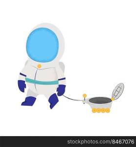 Astronaut walking with lunar vehicle. Toy, satellite, space costume. Can be used for topics like spaceship, transportation, engineering