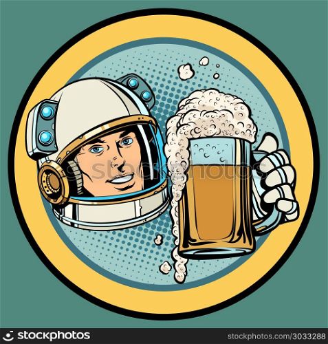 Astronaut with a mug of beer. Astronaut with a mug of beer. Pop art retro vector illustration kitsch vintage. Astronaut with a mug of beer