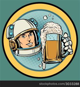 Astronaut with a mug of beer. Astronaut with a mug of beer. Pop art retro vector illustration kitsch vintage. Astronaut with a mug of beer