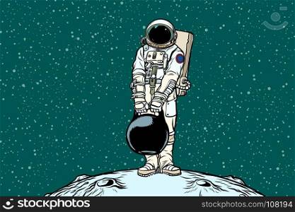 Astronaut with cargo weights. Pop art retro vector illustration. Astronaut with cargo weights