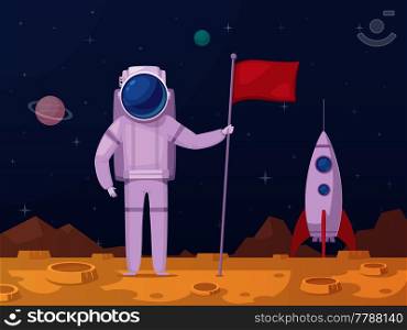 Astronaut with flag after moon landing on lunar surface with spacecraft on background cartoon poster vector illustration . Astronaut Lunar Surface Cartoon Icon