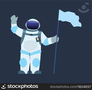 Astronaut with flag. Cartoon spaceman waving hand and holding pennant. Isolated cosmonaut wearing spacesuit with helmet. Interstellar journey and universe explore. Vector spacewalk flat illustration. Astronaut with flag. Cartoon spaceman waving hand and holding pennant. Cosmonaut wearing spacesuit with helmet. Interstellar journey and universe explore. Vector spacewalk illustration