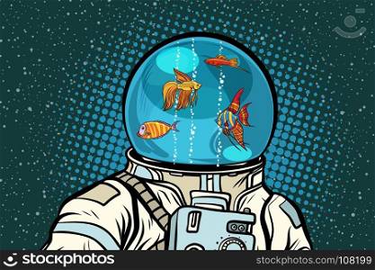 Astronaut with helmet aquarium with fish. Pop art retro vector illustration. Astronaut with helmet aquarium with fish