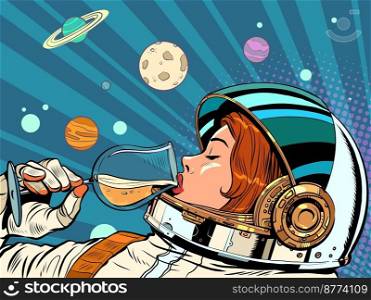Astronaut woman drinks a glass of wine. Alcoholic party, new year holiday. Pop art retro vector illustration 50s 60s vintage kitsch style. Astronaut woman drinks a glass of wine. Alcoholic party, new year holiday