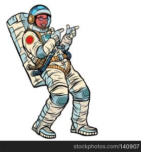 Astronaut young man points. isolate on a white background. African American people. Pop art retro vector illustration kitsch vintage drawing. Astronaut young man points. isolate on a white background. Afric