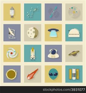 Astronautics and Space flat icons set with shadows vector graphic illustration design