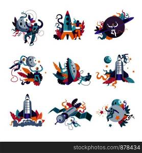 Astronautics space and universe galaxy exploration by people in costumes vector. Star and moon celestial planet, man in suits, astronauts with rockets, spaceship decorated with flowers and foliage. Astronautics space and universe galaxy exploration by people