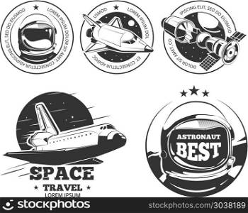 Astronautics vector labels, badges and emblems. Astronautics logo set. Rocket space labels, astronaut badges and space travel emblems