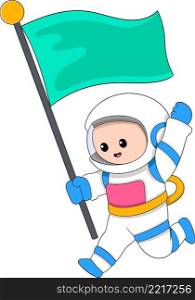 astronauts are happily running around carrying pride flags, cartoon flat illustration