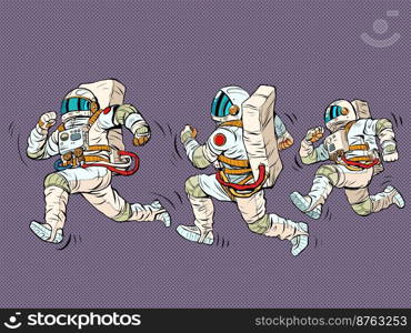 astronauts are running, a space race. Sports and a healthy lifestyle. People in spacesuits. Pop Art Retro Vector Illustration Kitsch Vintage 50s 60s Style. astronauts are running, a space race. Sports and a healthy lifestyle. People in spacesuits