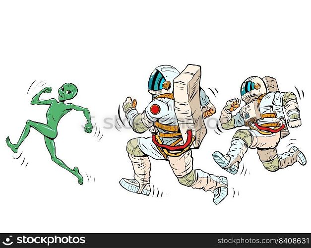 Astronauts are running after the alien. Space Police. Pop Art Retro Vector Illustration Kitsch Vintage 50s 60s Style. Astronauts are running after the alien. Space Police