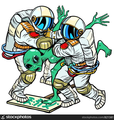 Astronauts arrested an alien. green man at a protest rally. Pop art retro vector illustration drawing. Astronauts arrested an alien. green man at a protest rally