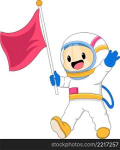 astronauts greeting during space exploration, carrying flags, cartoon flat illustration